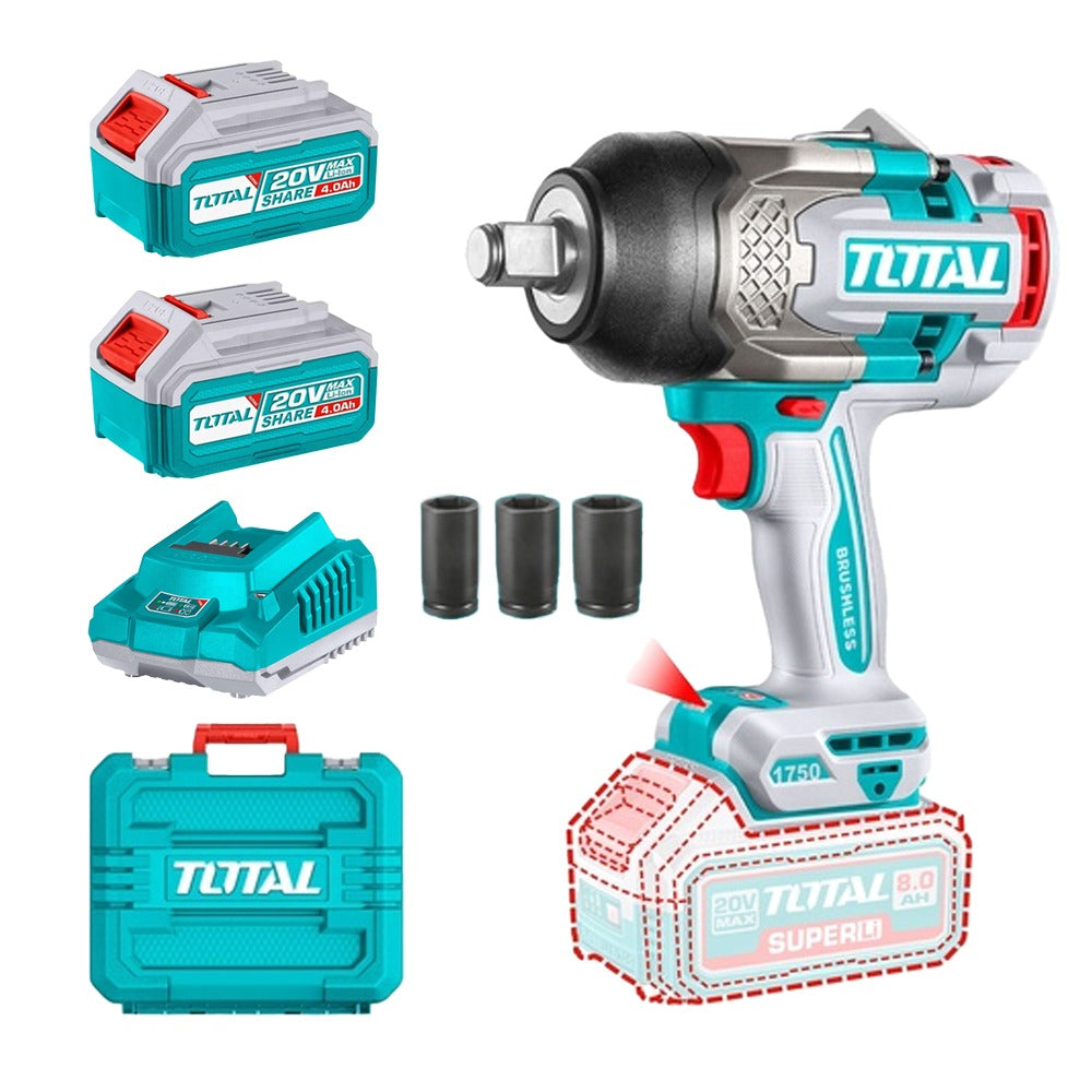 TOTAL LLAVE DE IMPACTO INALAMBRICA 3/4" 20V  1750 NM, 2 BATERIAS 8.0AH, CARGADO Y 3 COPAS UTIWLI20175
