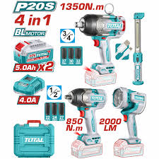 TOTAL COMBO LLAVE DE IMPACTO 3/4" 20V 1350NM + LLAVE DE IMPACTO 1/2" 850NM + LAMPARA DE TRABAJO 2000LM + LAMPARA DE TRABAJO 300LM + 2 BATERIAS 5.0AH, CARGADOR Y ACCESORIOS UTOSLI250782