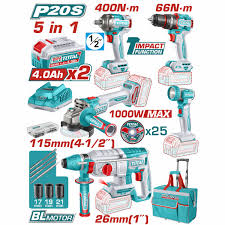 TOTAL COMBO INALAMBRICO 20V, TALADRO PERCUTOR ATORNILLADOR 1/2 66 NM + PISTOLA DE IMPACTO 1/2 20V 400NM + TALADRO ROTOMARTILLO 1" 2.5 JULES + PULIDORA 4 1/2 + LAMPARA TRABAJO 270LM 2 BATERIAS 4.0AH, CARGADOR Y ACCESORIOS UTCKLI20592