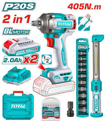 TOTAL COMBO INALAMBRICO 20V, PISTOLA IMPACTO 1/2 405 NM + LAMPARA DE TRABAJO 300LUMENES RECARGABLE + 10 COPAS 1/2 A 1/4, 2 BATERIAS 2.0 AH, ACCESORIOS Y SUPER TOTAL UTOSLI23056