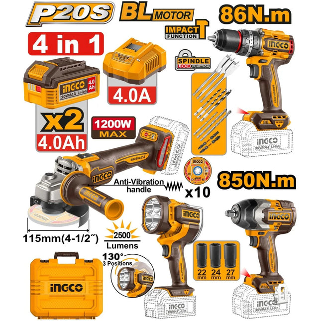 INGCO COMBO 20V PULIDORA 4-1/2" + TALADRO 1/2" + LLAVE IMMPACTO 850 N.M + 2 BATERIAS Y CARGADOR UCOSLI251192