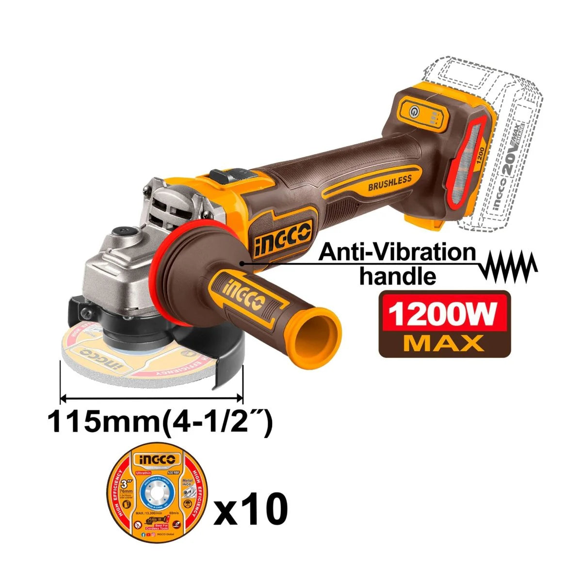 INGCO COMBO 20V 1 TALADRO 1/2 + 1 PULIDORA 4-1/2 + 1 ROTOMARTILLO + 2 BATERIAS 4.0AH CARGADOR Y ACCESORIOS UCKLI202598