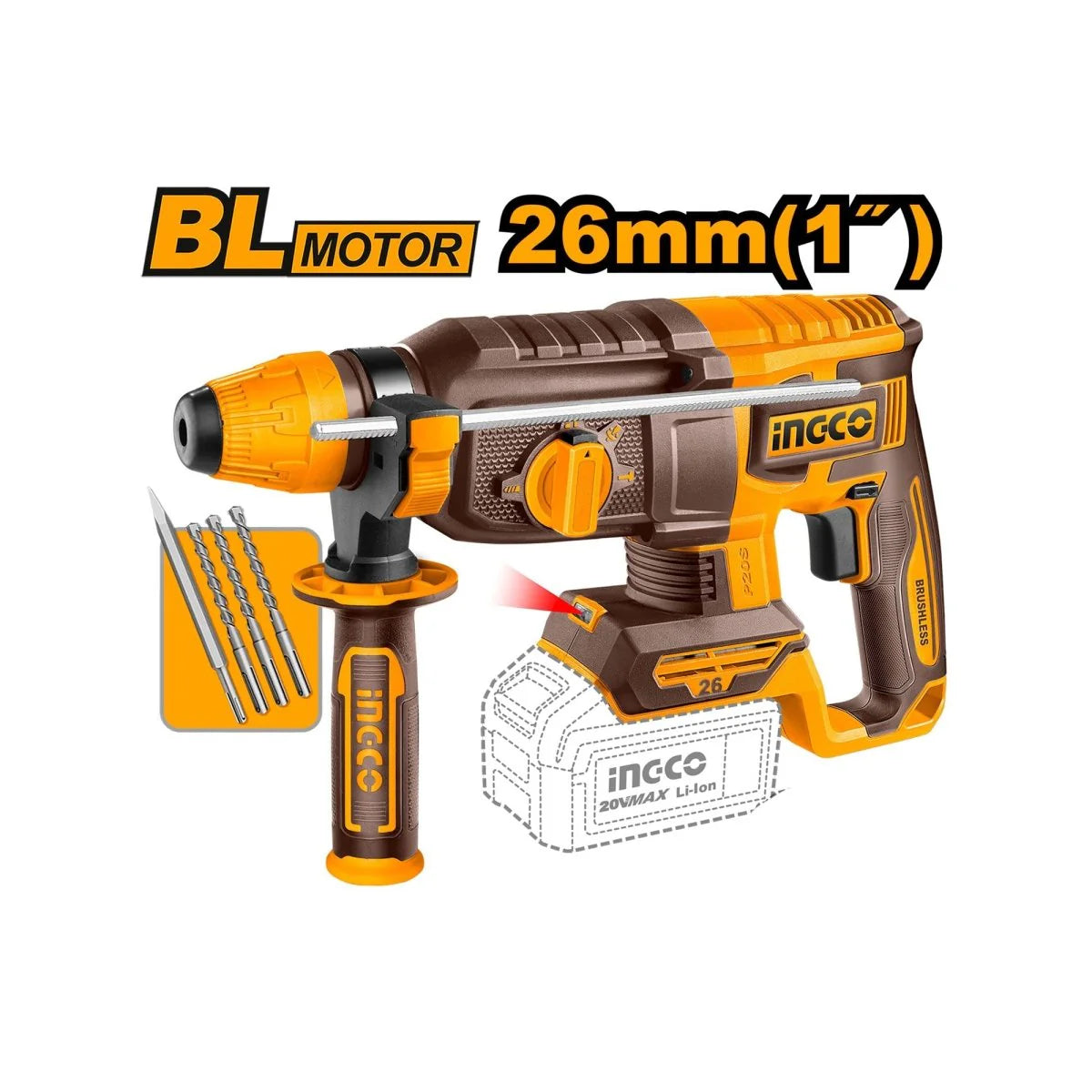 INGCO COMBO 20V 1 TALADRO 1/2 + 1 PULIDORA 4-1/2 + 1 ROTOMARTILLO + 2 BATERIAS 4.0AH CARGADOR Y ACCESORIOS UCKLI202598