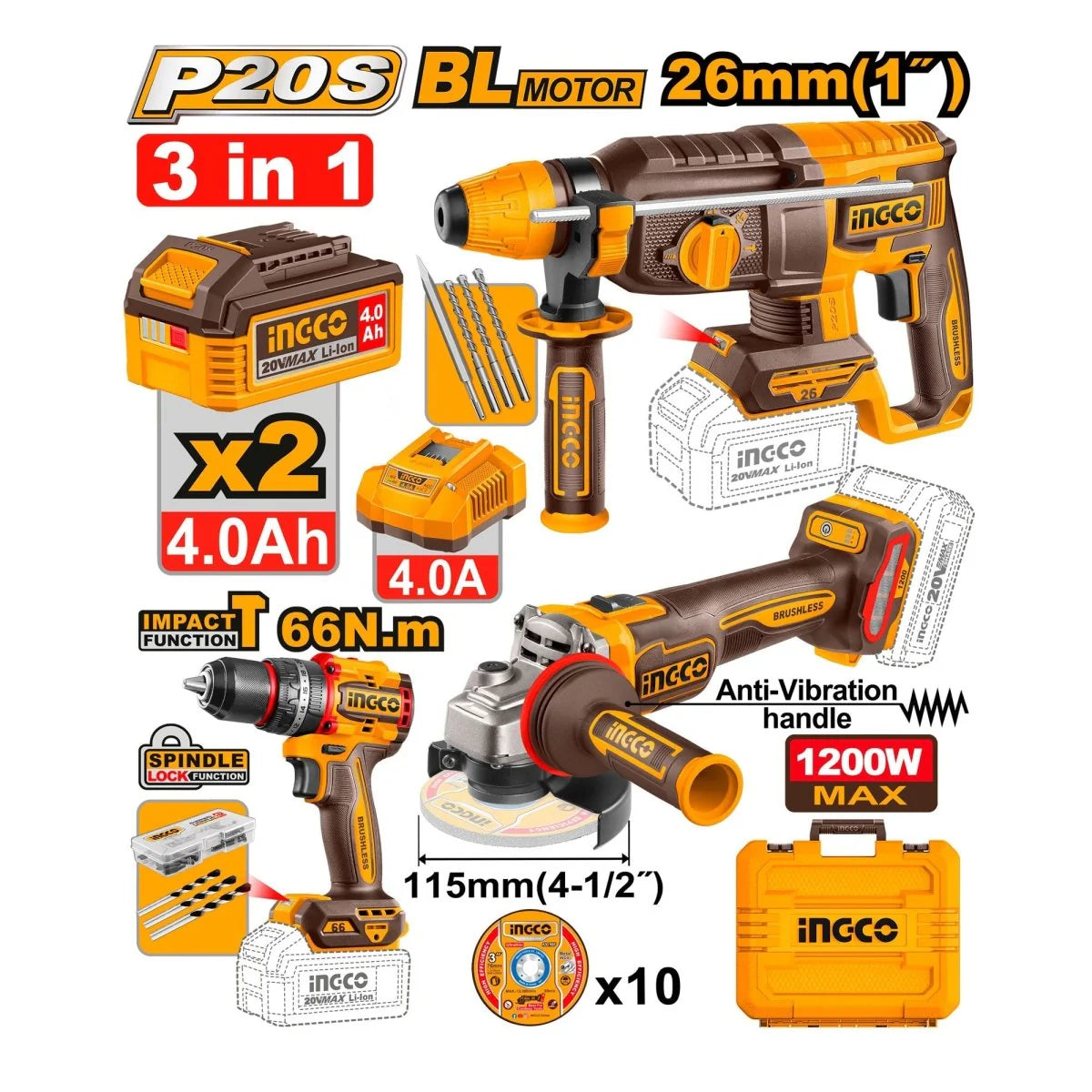 INGCO COMBO 20V 1 TALADRO 1/2 + 1 PULIDORA 4-1/2 + 1 ROTOMARTILLO + 2 BATERIAS 4.0AH CARGADOR Y ACCESORIOS UCKLI202598