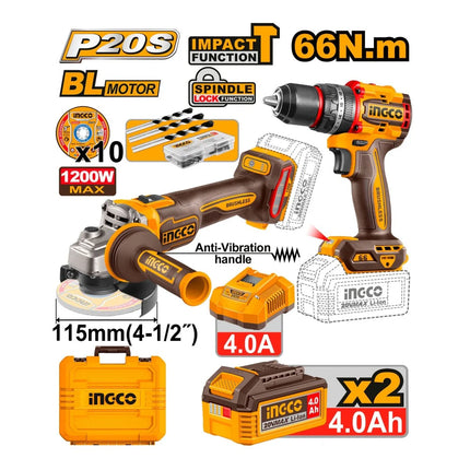 INGCO COMBO DE HERRAMIENTAS 20V TALADRO DE IMPACTO Y PULIDORA UCKLI20256