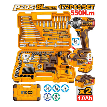 INGCO SET LLAVE DE IMPACTO INSLAMABRICA 1/2" 20V 550 N.M CON HERRAMIENTAS 172 PCS UHKTHP41723