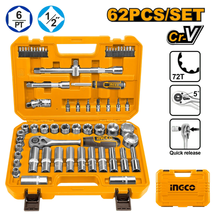 INGCO JUEGO DE COPAS Y RACHET 1/2" 62 PCS HKTS12602