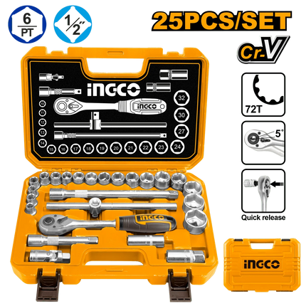 INGCO JUEGO DE COPAS Y RACHET 1/2" 25PCS HKTS12251