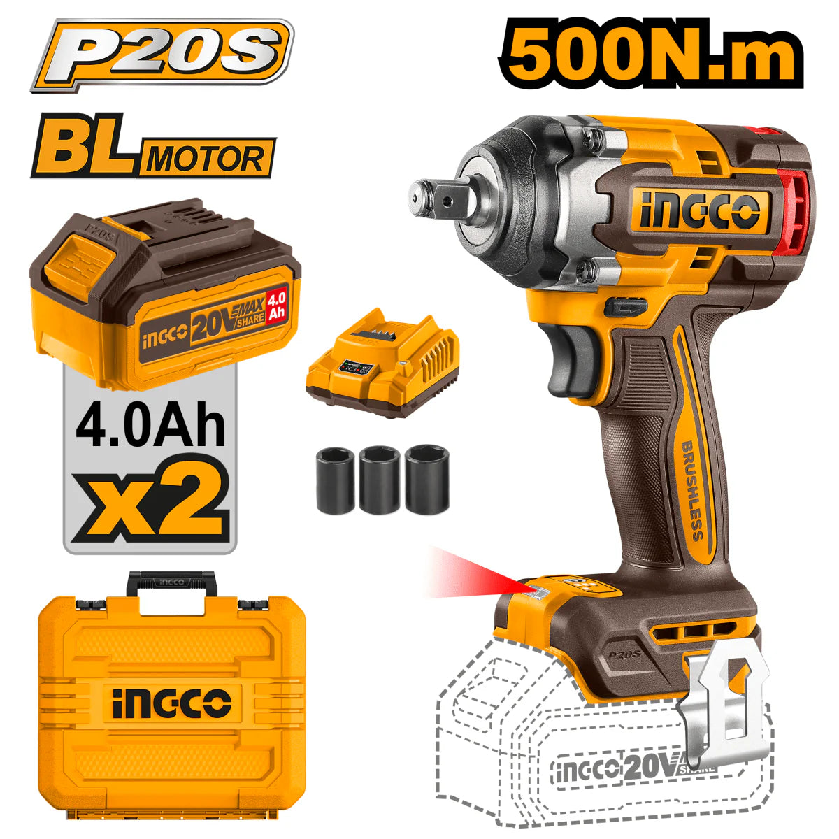INGCO LLAVE DE IMPACTO INALAMBRICA 20V 500 N.M UCIWLI2050
