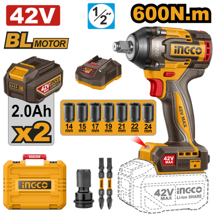 INGCO LLAVE DE IMPACTO INALAMBRICO SIN ESCOBILLAS  M1/2 42V 600NM + 2 BATERIAS Y CARGADOR UCIWLI42602