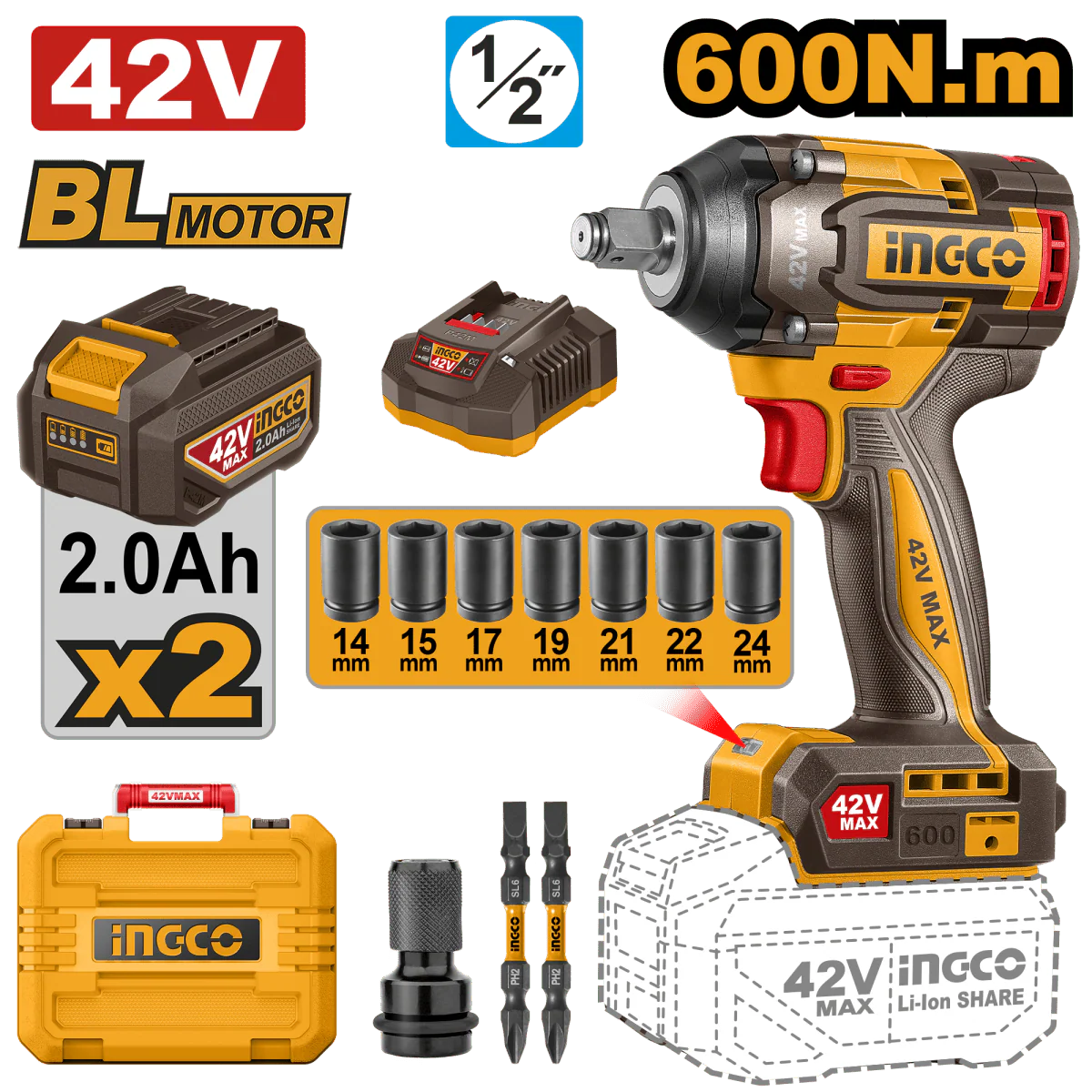 INGCO LLAVE DE IMPACTO INALAMBRICO SIN ESCOBILLAS  M1/2 42V 600NM + 2 BATERIAS Y CARGADOR UCIWLI42602