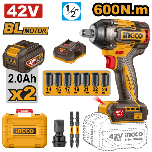 INGCO LLAVE DE IMPACTO INALAMBRICO SIN ESCOBILLAS  M1/2 42V 600NM + 2 BATERIAS Y CARGADOR UCIWLI42602