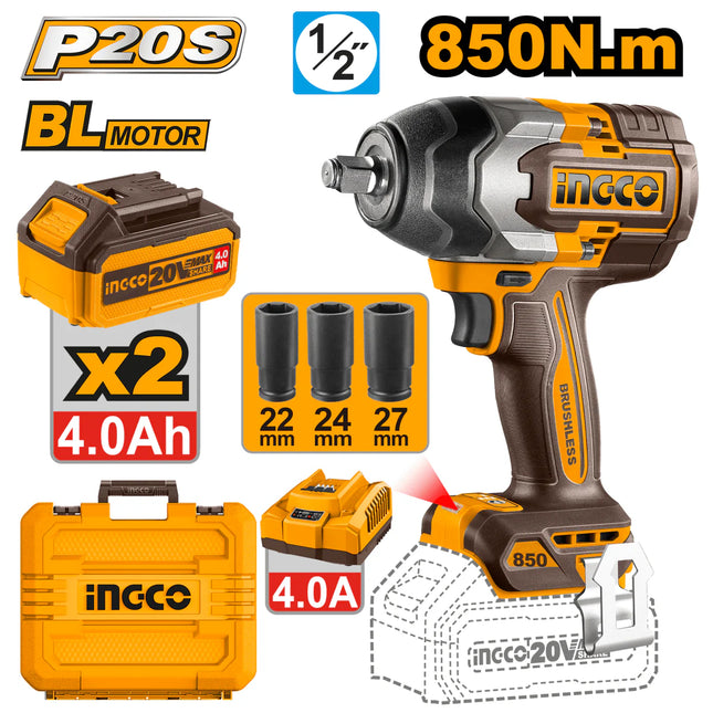 INGCO LLAVE DE IMPACTO M1/2 20V 850NM + 2 BATERIAS Y CARGADOR UCIWLI2085