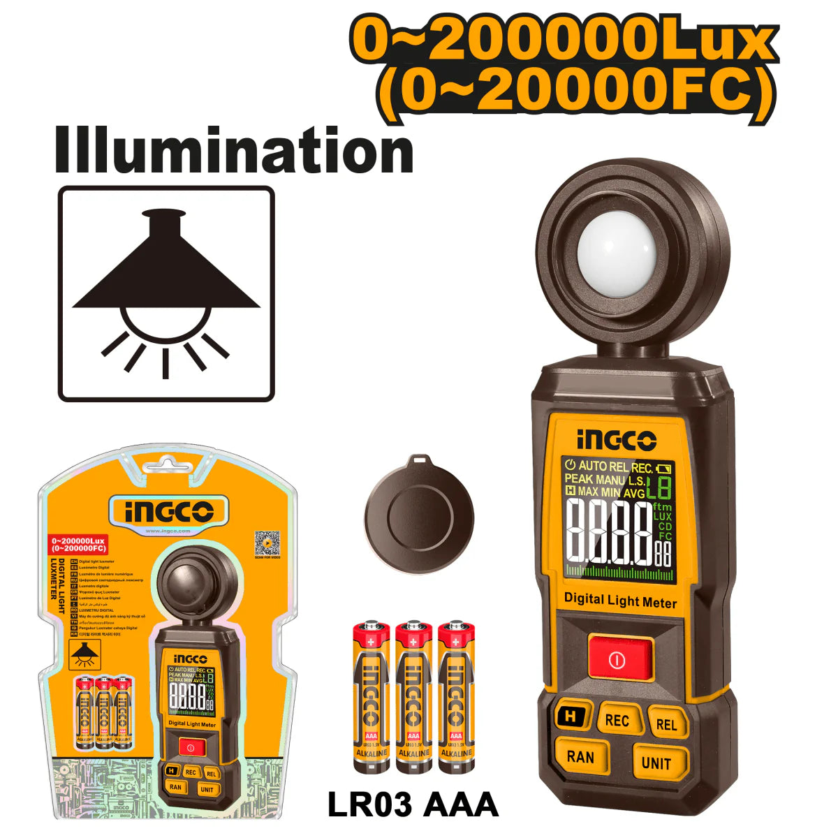 INGCO LUXOMETRO DIGITAL MEDIDOR DE INTENSIDAD DE LUZ 0-200000 LUX HETLU031