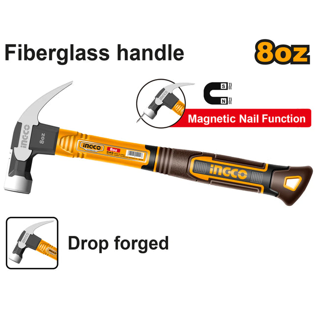 INGCO MARTILLO DE UÑA 8 OZ MANGO FIBRA DE VIDRIO MAGNETICO HCH81008