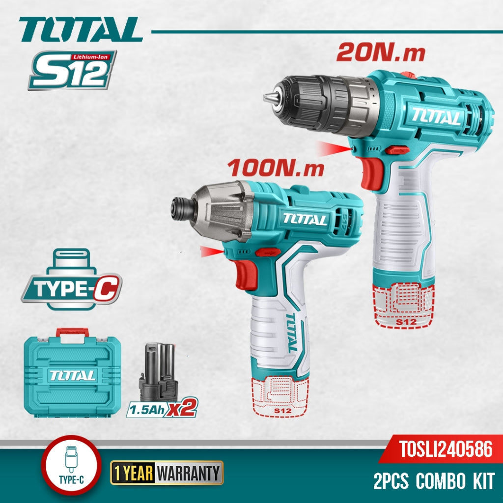 TOTAL COMBO TALADRO Y ATORNILLADOR DE IMPACTO 12V INCLUYE BATIDOR TOSLI240205