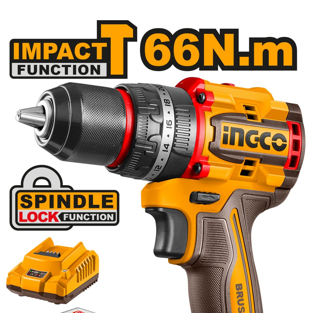 INGCO TALADRO PERCUTOR INALAMBRICO 1/2" 20V 66 N.M UCIDLI20668