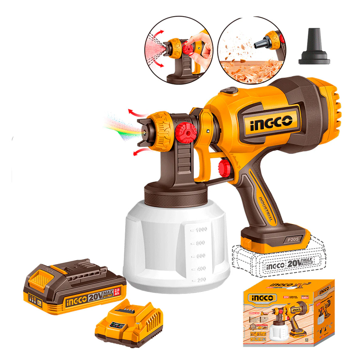 INGCO PISTOLA PARA PINTAR 20V 1000ML CON BATERIA Y CARGADOR UCSGLI20042