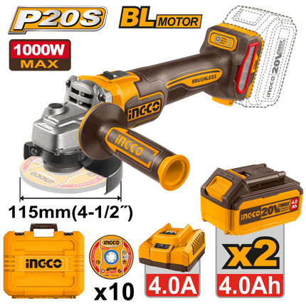 INGCO PULIDORA INALAMBRICA 20V 4 1/2 VVR INCLUYE 10 DISCOS 2 BATERIAS 4AH Y CARGADOR UCAGLI271532