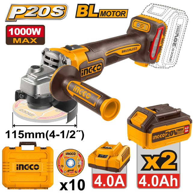 INGCO PULIDORA INALAMBRICA 20V 4 1/2 VVR INCLUYE 10 DISCOS 2 BATERIAS 4AH Y CARGADOR UCAGLI271532