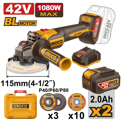 INGCO PULIDORA INALAMBRICA 4-1/2" 42V INCLUYE 2 BATERUAS 2 AH CARGADOR UCAGLI4108112