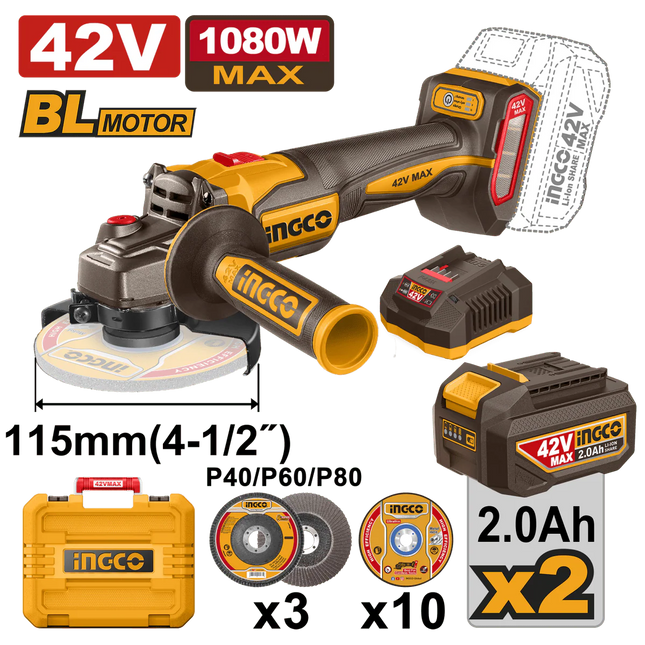 INGCO PULIDORA INALAMBRICA 4-1/2" 42V INCLUYE 2 BATERUAS 2 AH CARGADOR UCAGLI4108112