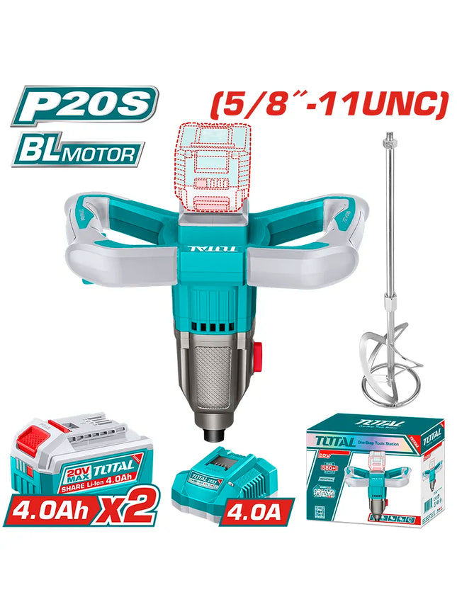 MEZCLADOR DE PINTURA 5/8"-11 20V INCLUYE BATIRDOR + 2 BATERIAS 4.0AH Y CARGADOR INDUSTRIAL SUPER TOTAL (UTMXLI20162)