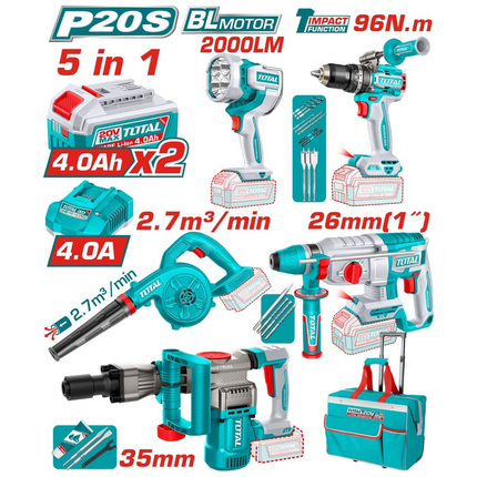COMBO INALAMBRICO 20V TALADRO ROTOMARTILLO 1" 20V SDS PLUS 2,5 JULES + DEMOLEDOR SDS HEX 16JULES + SOPLADORA + TALADRO DE IMPACTO 1/2" 96NM + LAMPARA DE TRABAJO 2000 LUMENES + 2 BATERIAS 4.0AH + CARGADOR INCLUYE ACCESORIOS (UTOSLI251083)