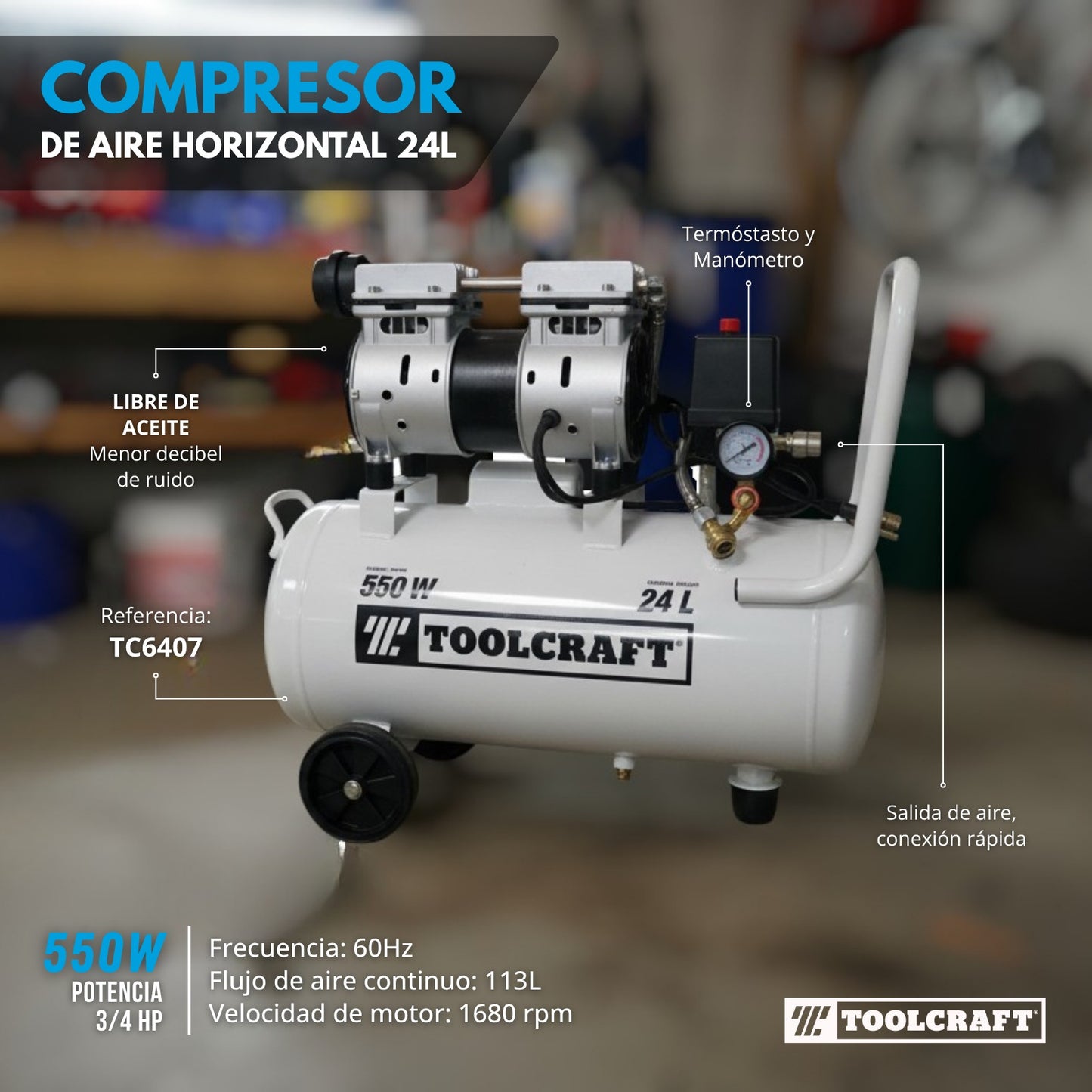 TOOLCRAFT COMPRESOR DE AIRE LIBRE DE ACEITE 24 L 550W - TC6407