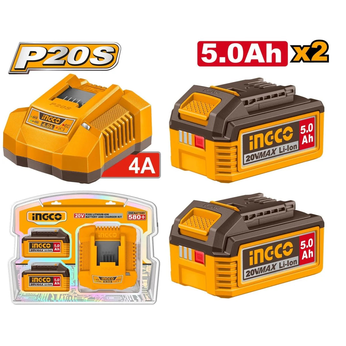 INGCO COMBO DE BATERIA Y CARGADOR DE IONES DE LITIO 5.0AH 20V  UFBCPK2513