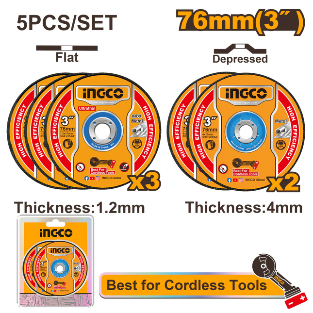 INGCO JUEGO DE DISCOS ABRASIVOS 3" DE CORTE Y PULIR DE METAL 5 UNIDADES MCD303768