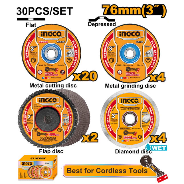 INGCO JUEGO DE DISCO DE CORTE Y DESGASTE 30PCS MCD07630