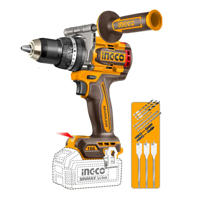 INGCO TALADRO PERCUTOR INALAMBRICO 1/2" 20V 166 NM BRUSLESS 2 BATERIAS Y CARGADOR UCIDLI201668