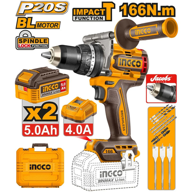 INGCO TALADRO PERCUTOR INALAMBRICO 1/2" 20V 166 NM BRUSLESS 2 BATERIAS Y CARGADOR UCIDLI201668