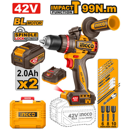 INGCO TALADRO DE IMPACTO INALAMBRICO SIN ESCOBILLAS 99NM 42V + 2 BATERIAS Y CARGADOR  UCIDLI429982