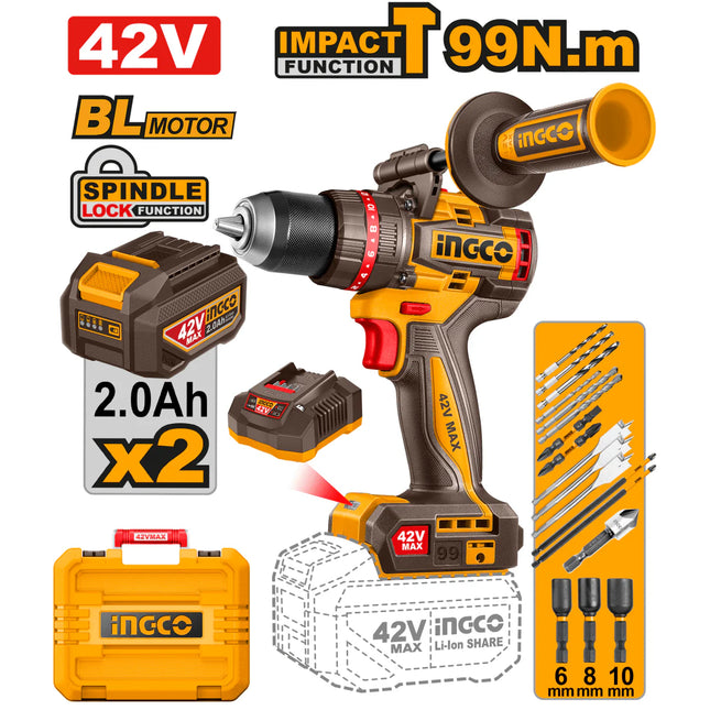 INGCO TALADRO DE IMPACTO INALAMBRICO SIN ESCOBILLAS 99NM 42V + 2 BATERIAS Y CARGADOR  UCIDLI429982