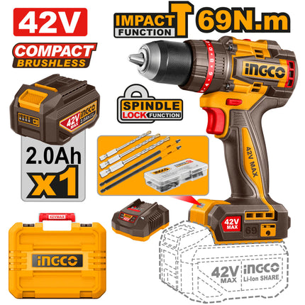 INGCO TALADRO DE IMPACTO M1/2 42V 69NM 2000RPM BRUSHLESS INCLUYE BATERIA Y CARGADOR UCIDLI426981
