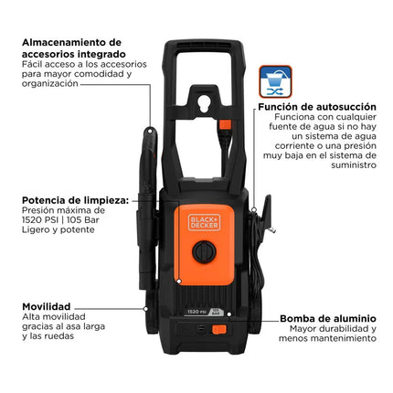 BLACK+DECKER HIDROLAVADORA 1400W 1520 PSI AUTOCEBANTE BEPW1520L-B3