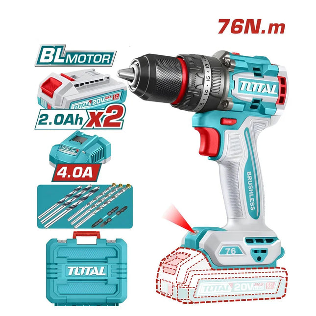 TOTAL TALADRO INALAMBRICO PERCUTOR 1/2 20V 76 N.M INCLUYE 2 BATERIA DE 2.0AH, CARGADOR Y ACCESORIOS UTIDLI207686   TOTAL TALADRO INALAMBRICO PERCUTOR 1/2 20V 76 N.M INCLUYE 2 BATERIA DE 2.0AH, CARGADOR Y ACCESORIOS UTIDLI207686